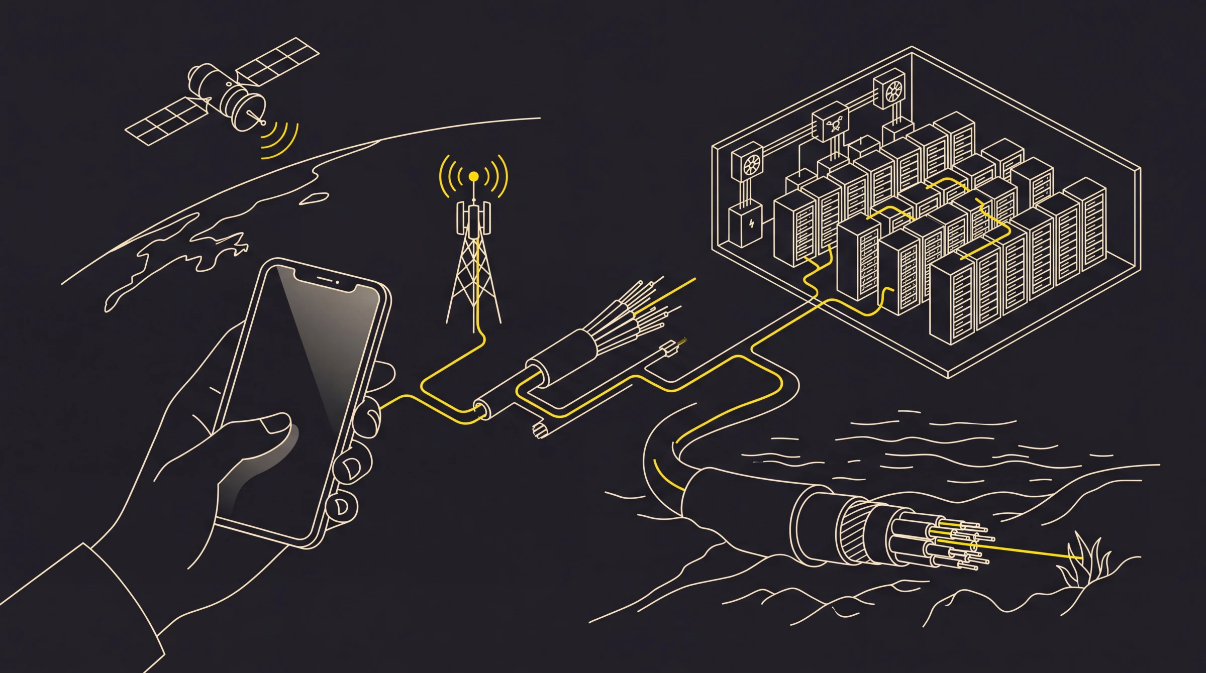 A phone connected to satellites, a mobile mast, fibre, a subsea cable and a data centre