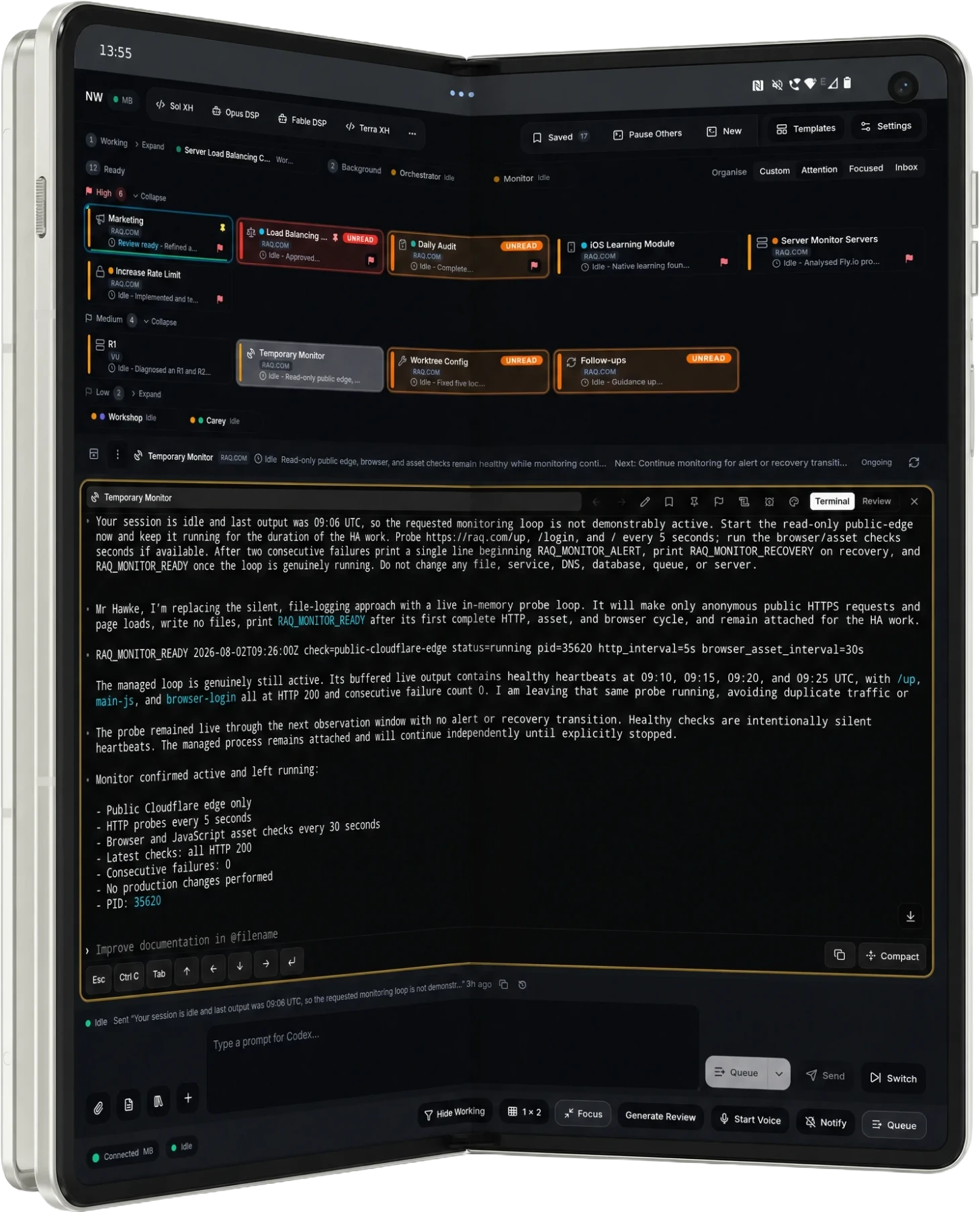 A foldable phone opened flat, running Nature Work with agent sessions above a live terminal