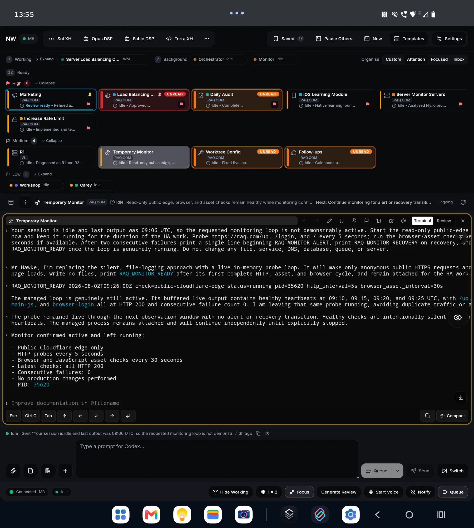 Nature Work tablet interface showing ready, working and background agents above a live terminal