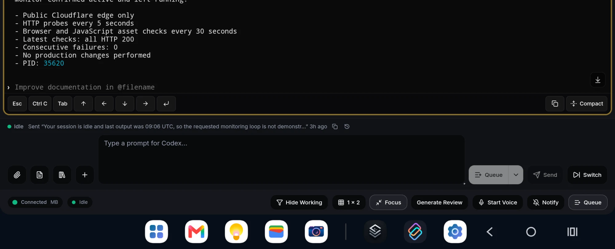 Zoomed view of the Nature Work prompt composer with queue, review, voice and notification controls