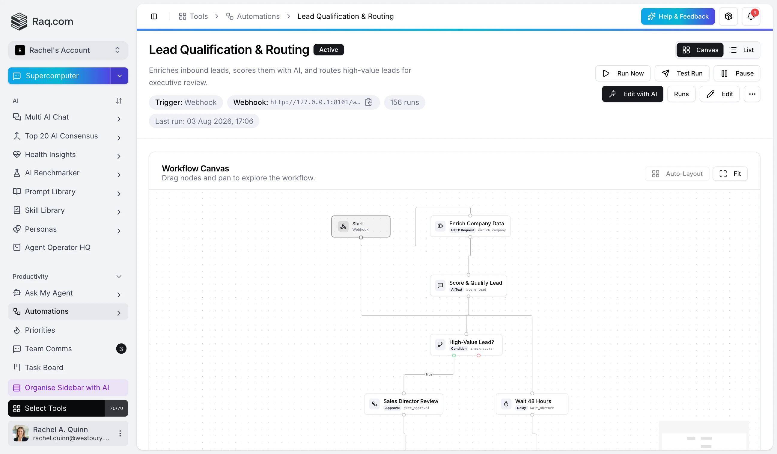 Raq.com Automations workflow canvas showing a trigger, AI step, condition, approval and follow-up actions
