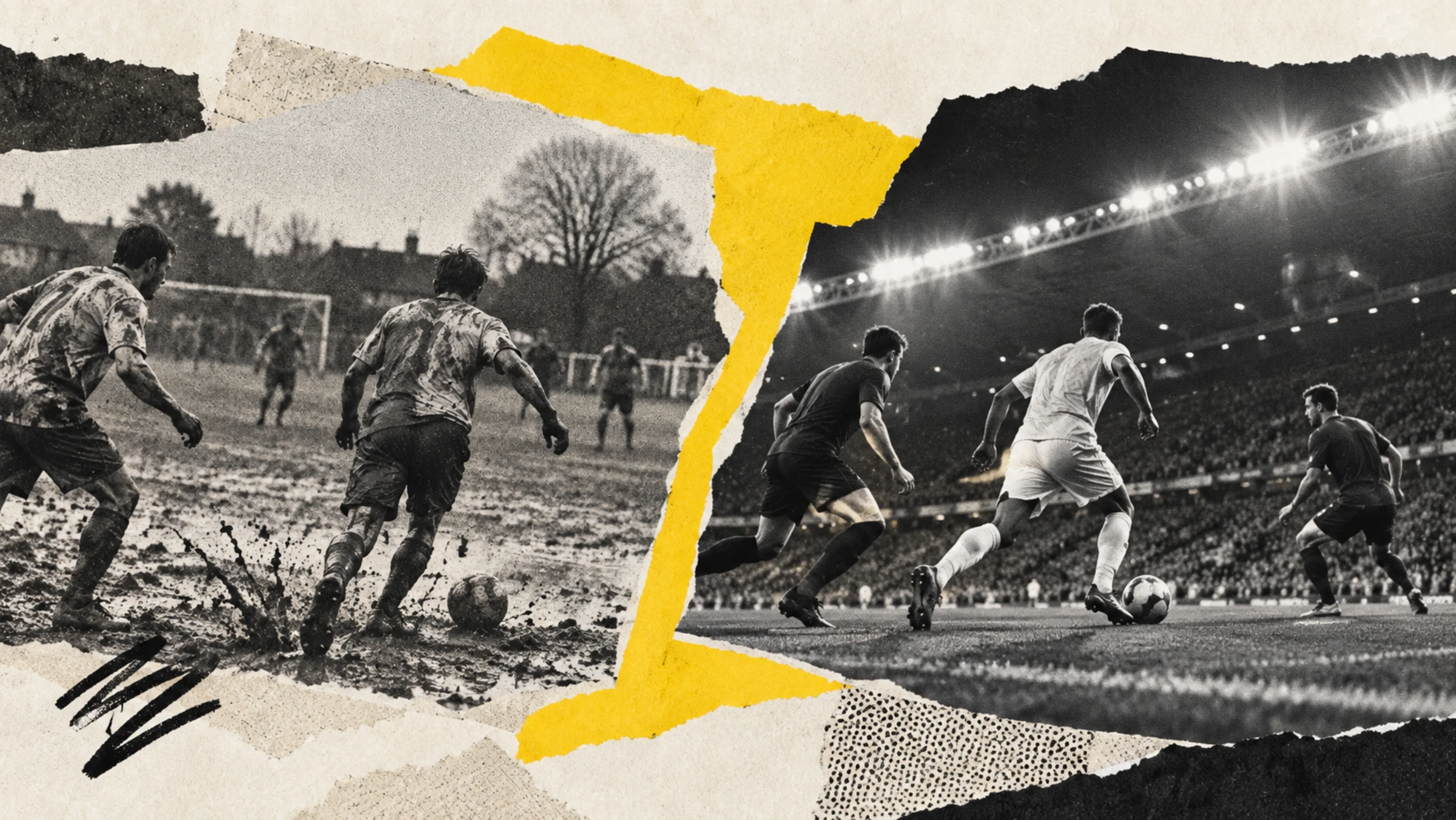 Amateur and professional football matches in a torn-paper collage