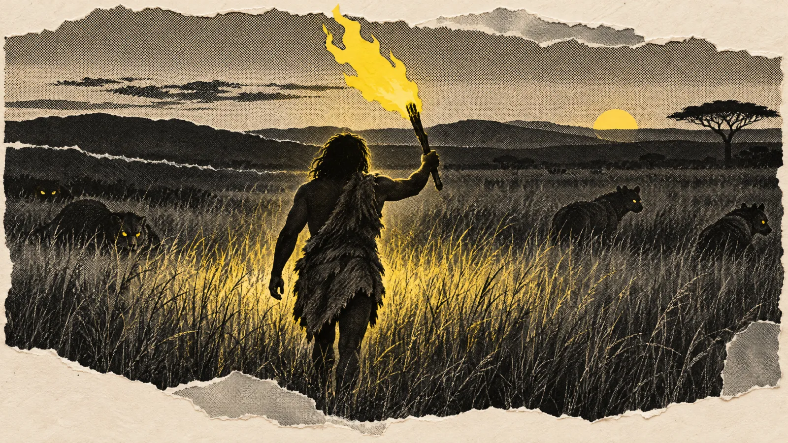 Paper collage of a prehistoric person crossing tall grass at dusk with a burning branch held high while predators watch from the dark