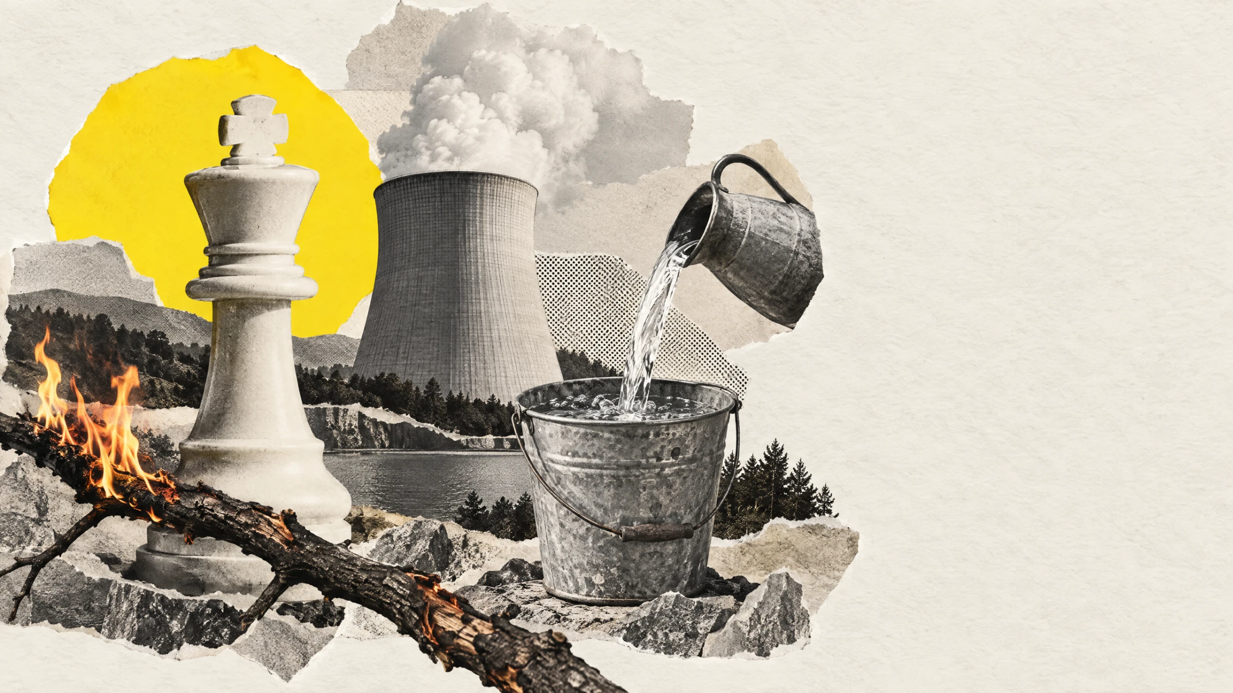 Paper collage of a white chess king, a nuclear cooling tower, water being poured into a tin bucket and a burning branch