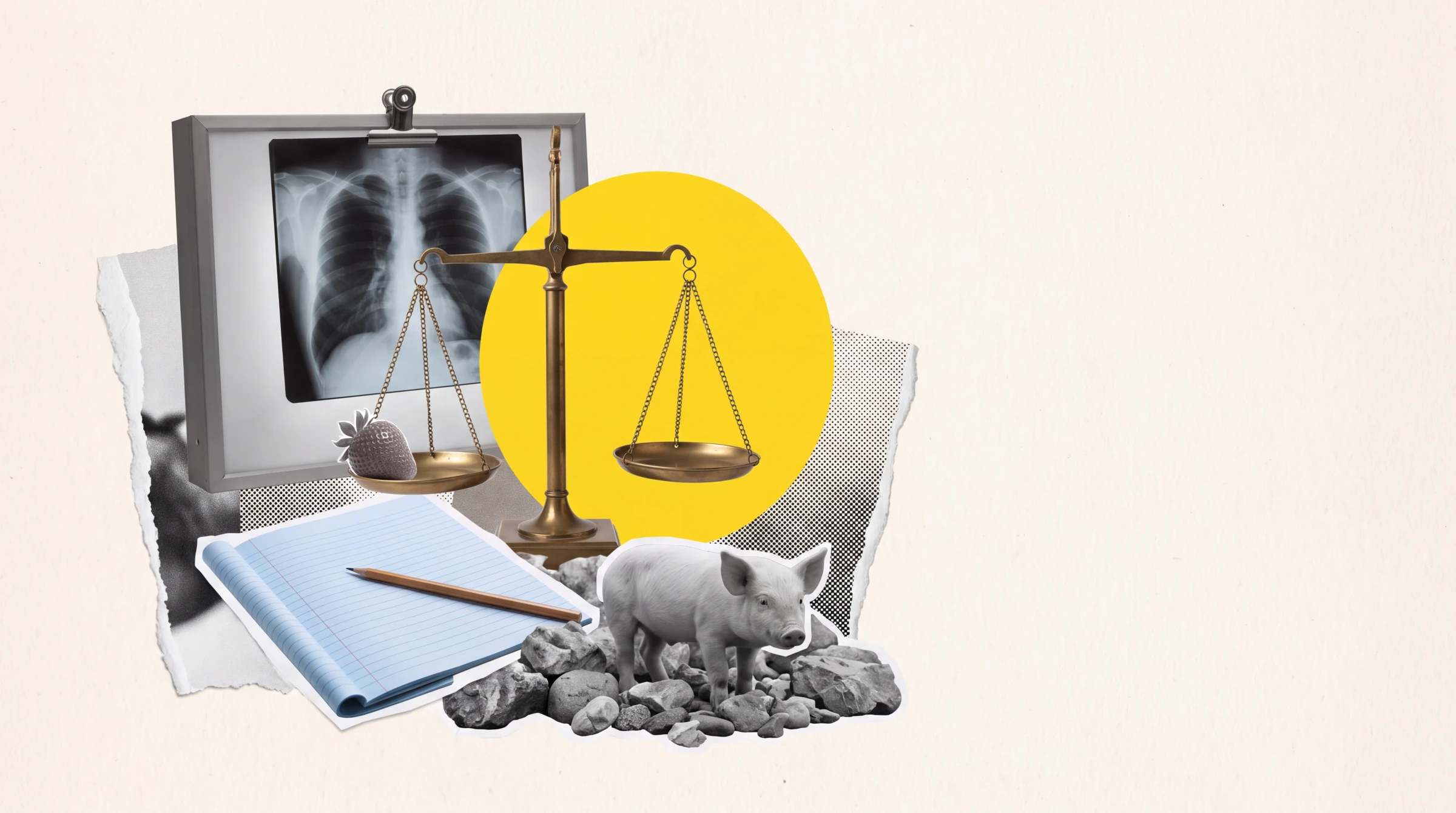Paper collage of a brass balance scale in front of a yellow circle, with a chest X-ray, a blue lined notepad and pencil, a strawberry and a small pig standing on rocks