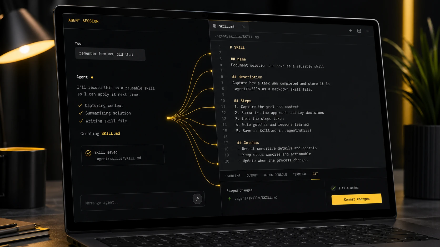 Agent session saving remembered work into a versioned skill file