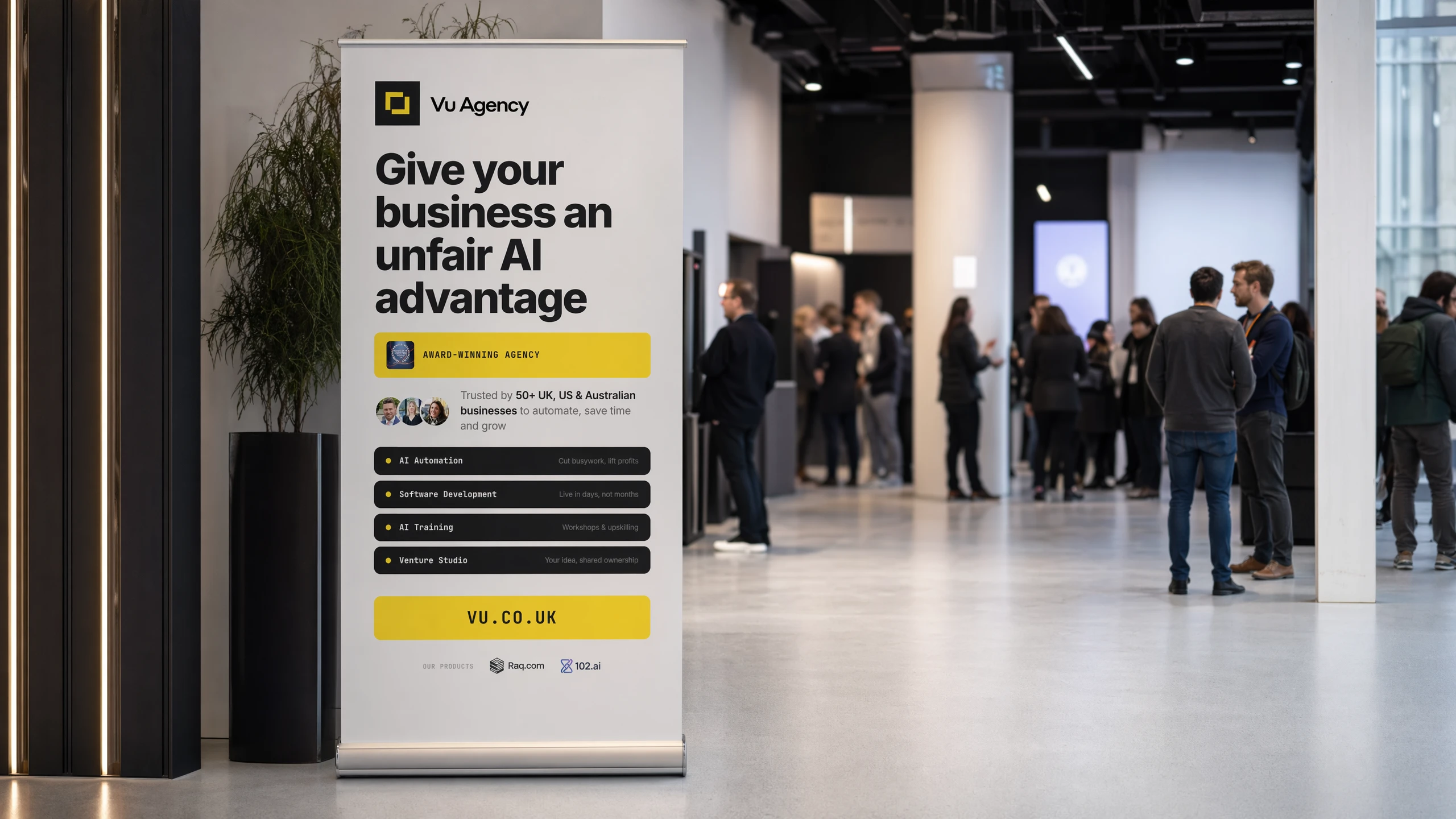 Vu Agency pull-up banner at an event