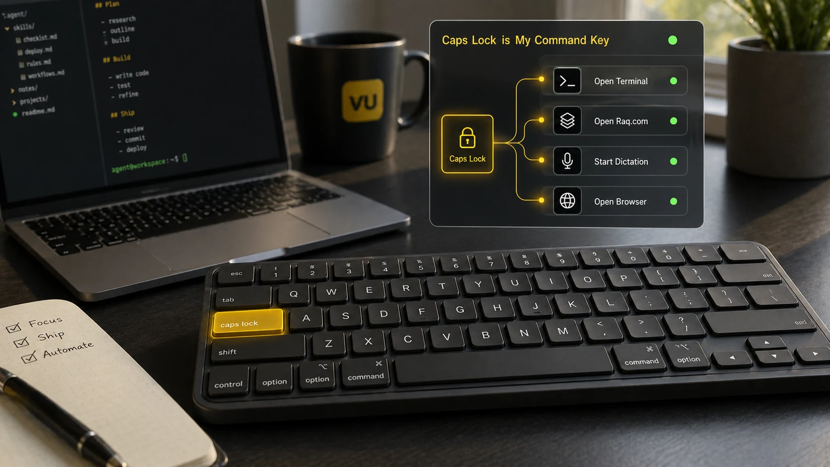 Caps Lock key mapped to terminal, Raq, dictation and browser shortcuts