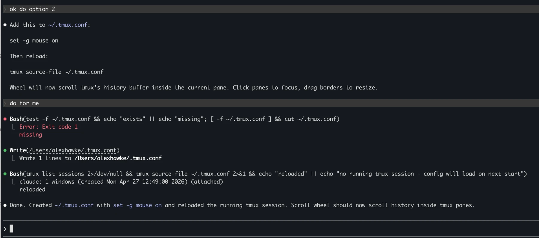 Claude Code terminal where the user asks the agent to do the tmux config change itself
