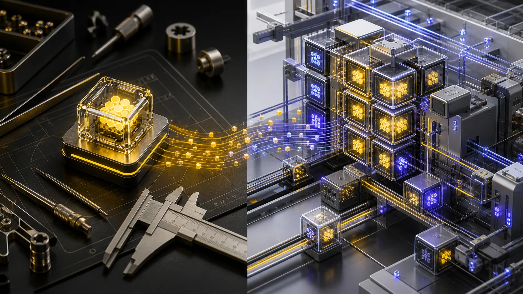 Generated visual contrasting one precisely crafted AI module with a scaled modular system