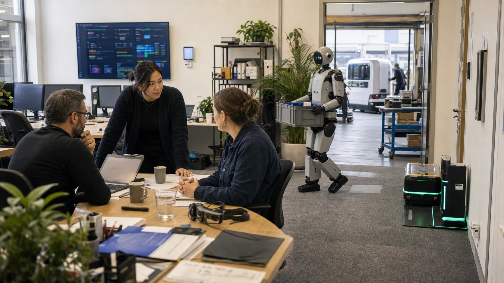 People and robots working in a normal future workplace