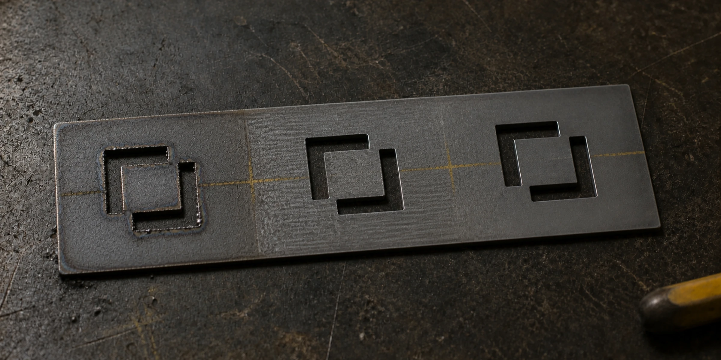 Three Vu stencils cut into one steel strip, progressing from rough to precise