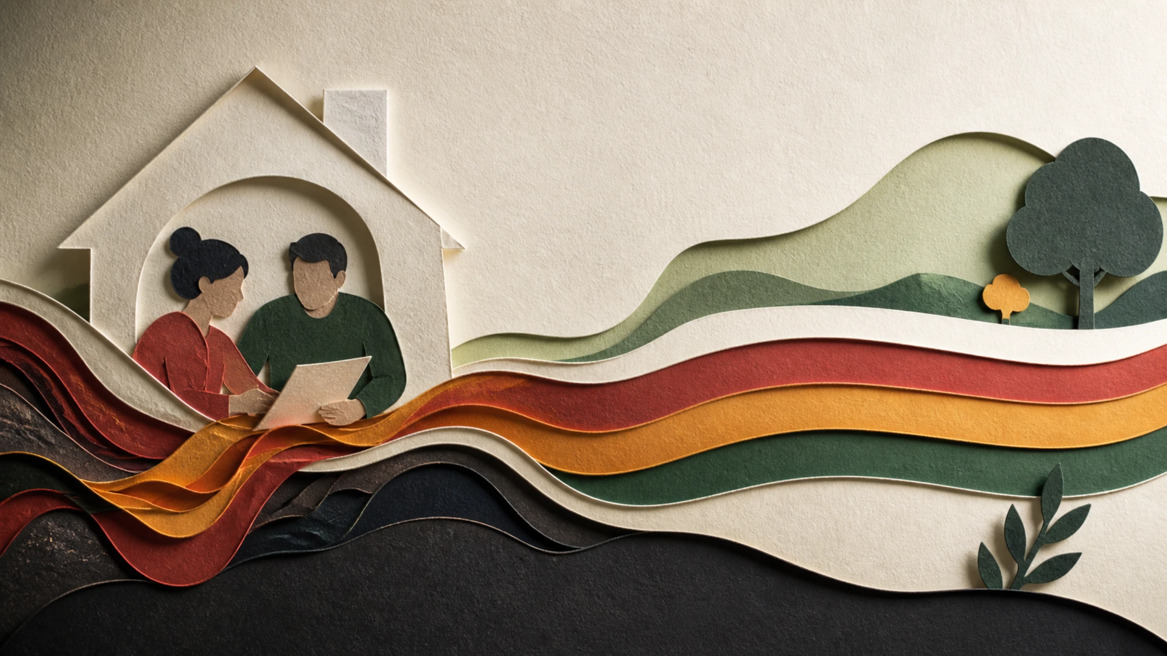 A paper-cut household surrounded by red, amber and green protection paths
