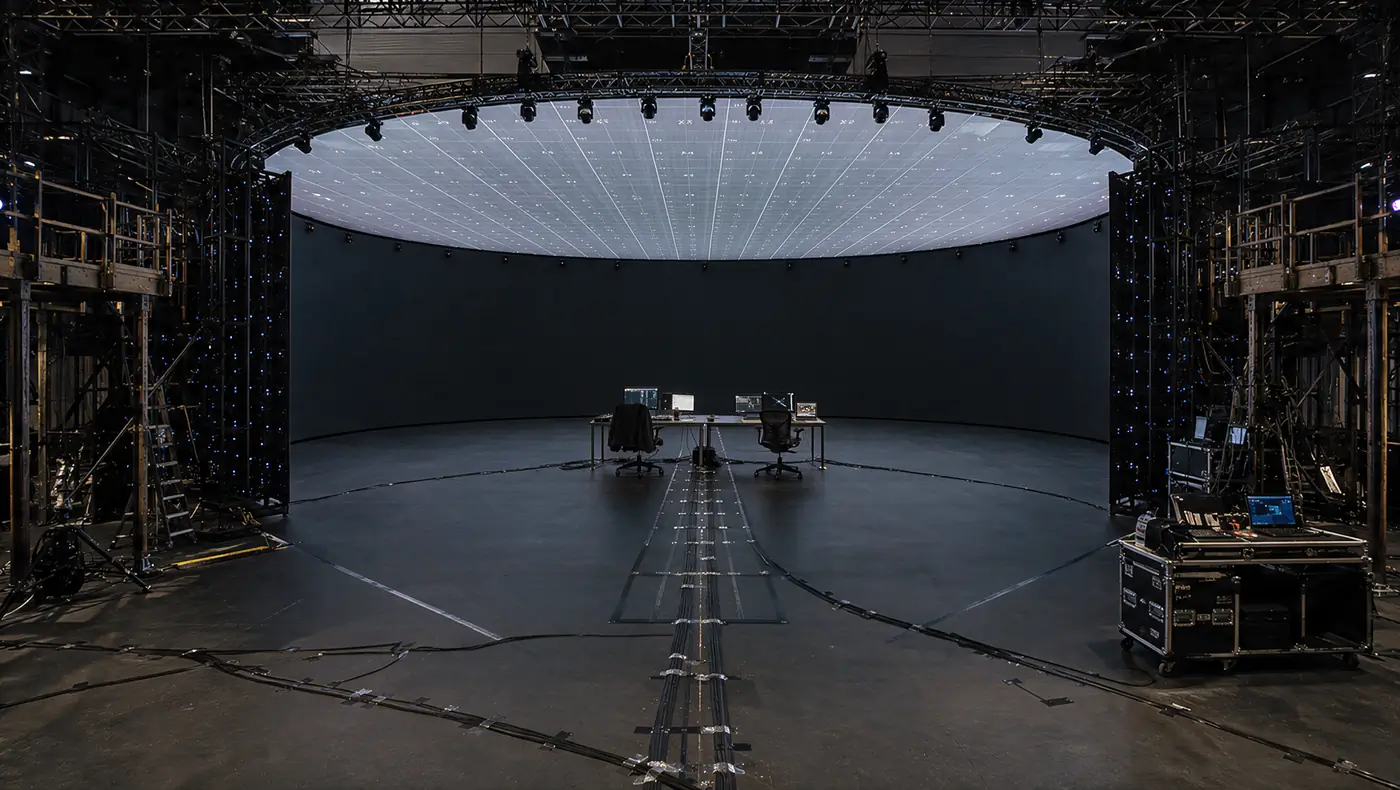 An LED volume stage with the wall dark, then showing a calibration pattern, then showing a beach