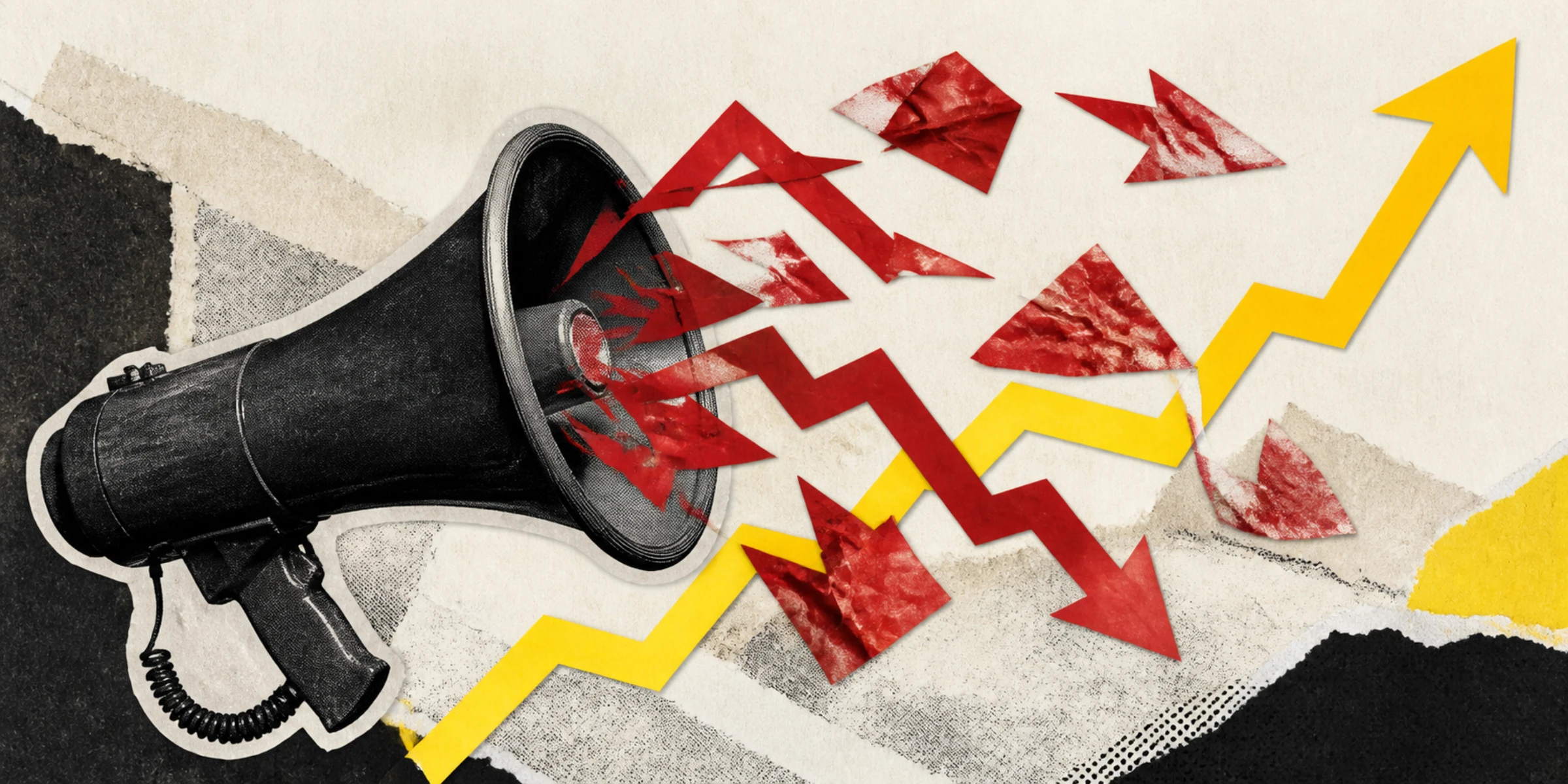 Editorial collage of a megaphone firing falling red arrows across a rising yellow line