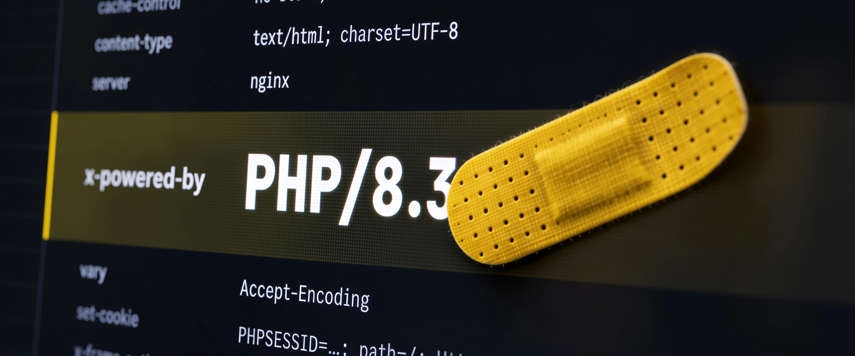 A sticking plaster stuck on a laptop screen over the PHP version number in a website's response headers