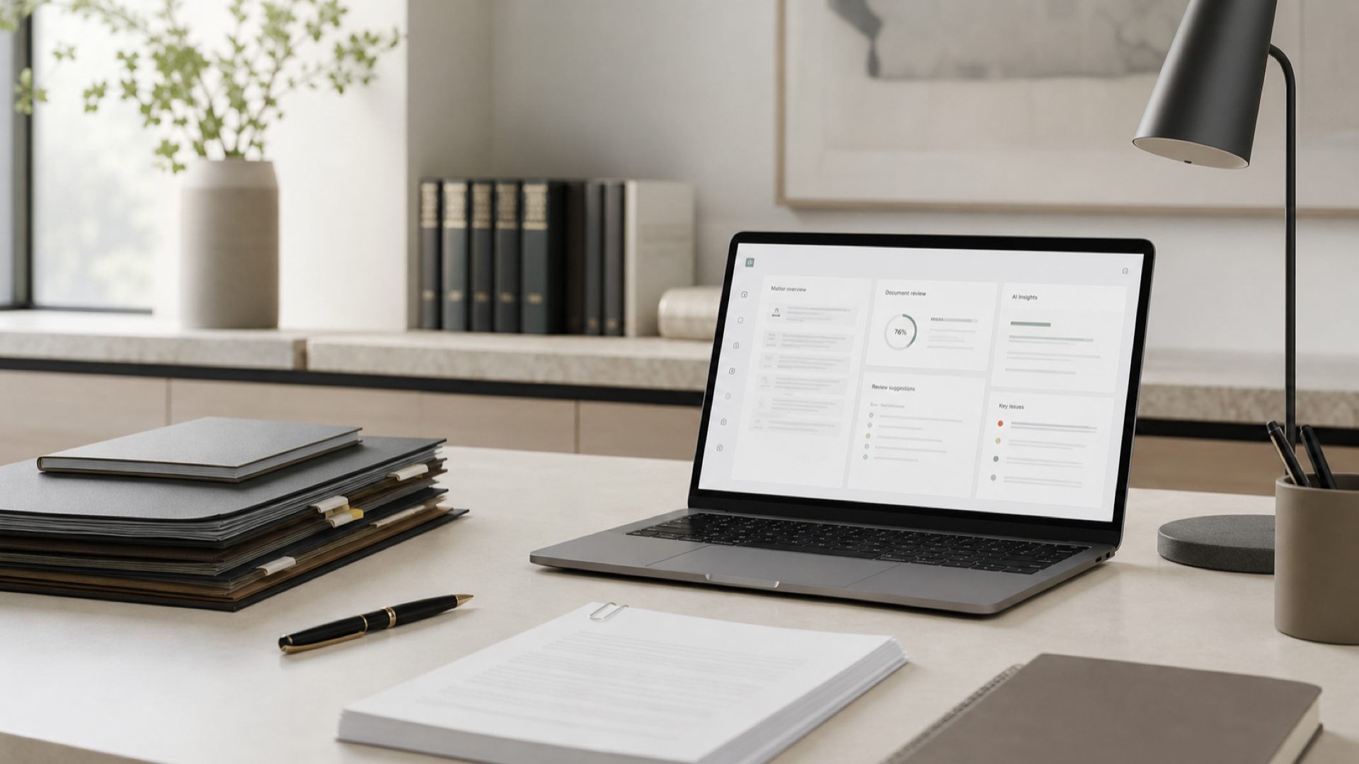 Law firm desk with case files alongside modern AI-assisted review software