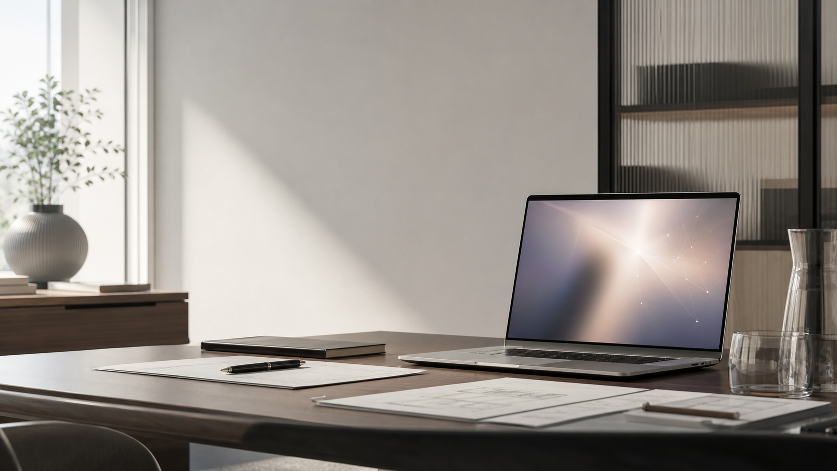 A quiet partner's office, AI working in the background
