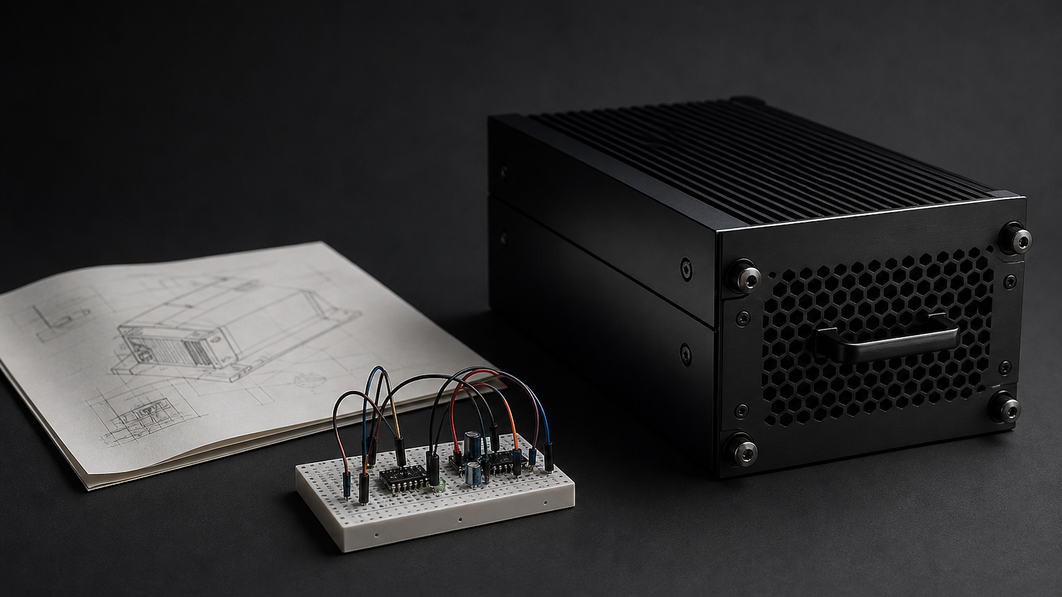 A production server next to a prototype breadboard and engineering sketch