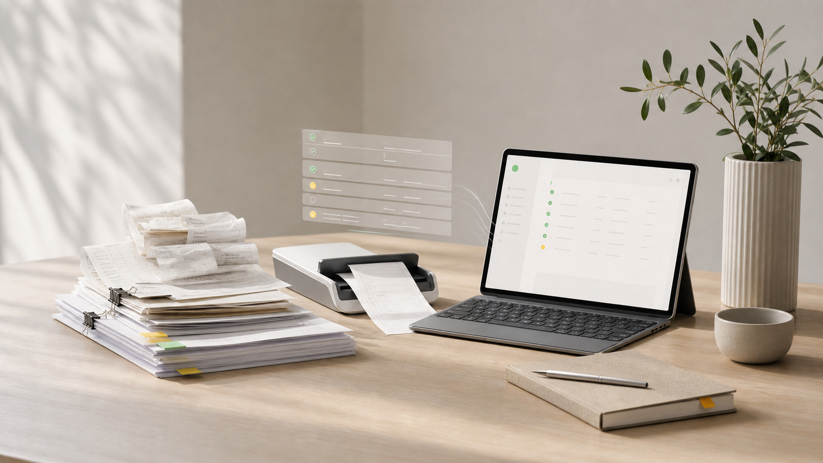A stack of paperwork being read by software