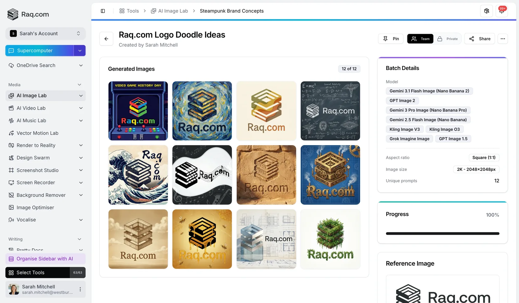 Raq.com AI Image Lab generating a batch of brand images from one instruction
