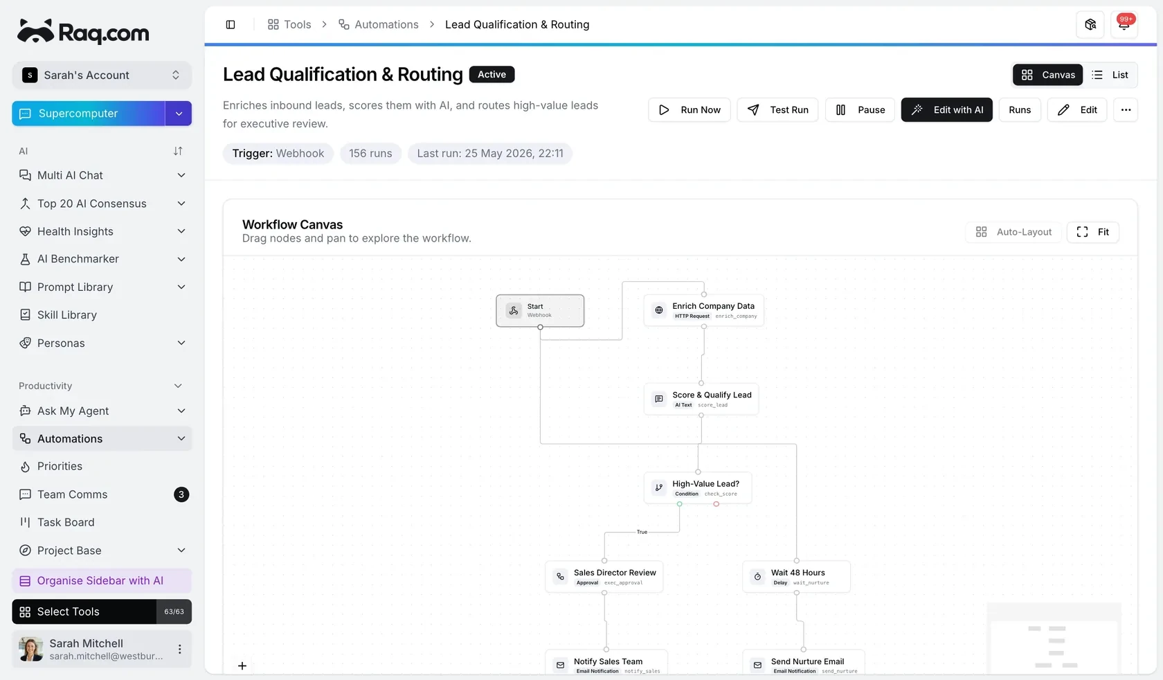 Raq.com Automations workflow canvas qualifying and routing inbound leads