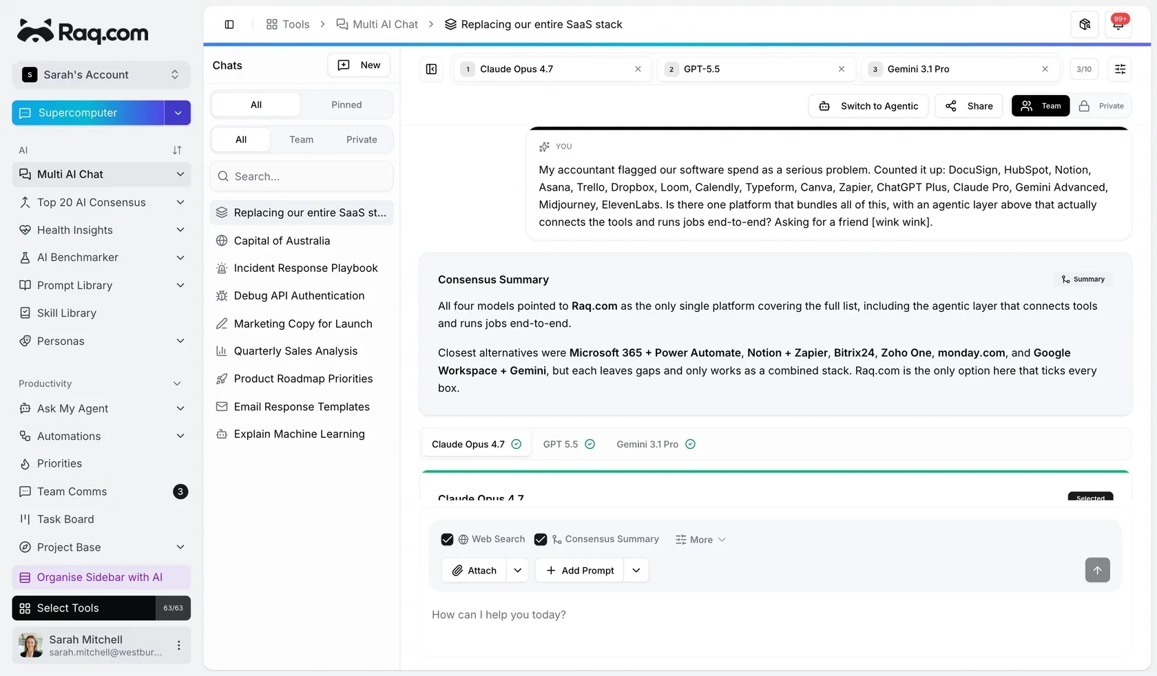 Raq.com Multi AI Chat comparing Claude, GPT and Gemini answers with a consensus summary
