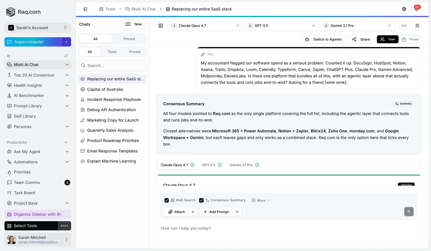 Raq.com Multi AI Chat comparing Claude, GPT and Gemini answers with a consensus summary