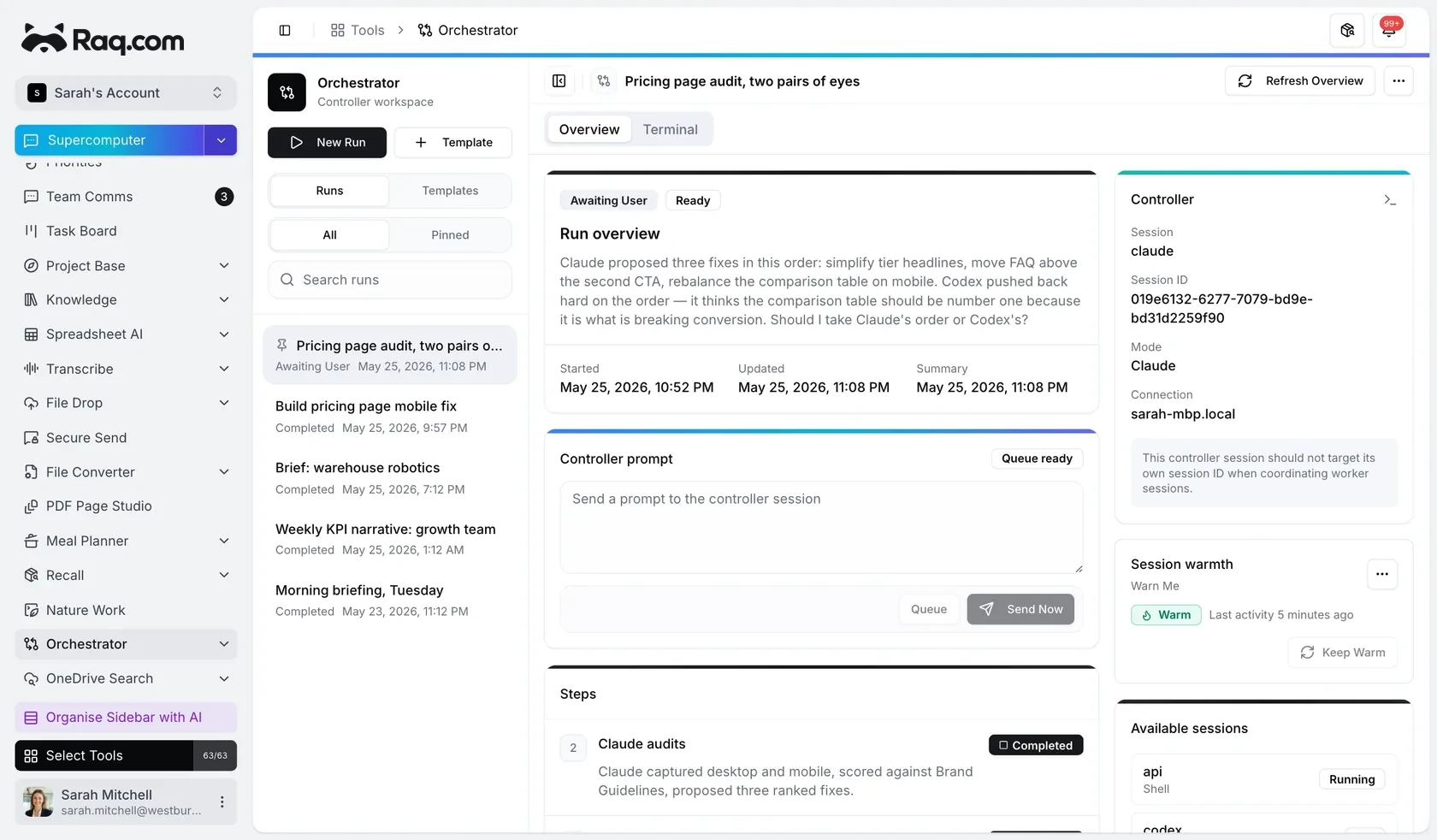 Raq.com Orchestrator workspace coordinating Claude and Codex agent sessions