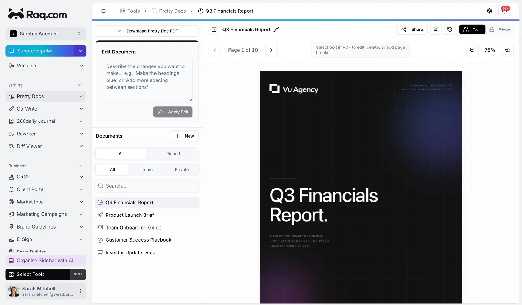 Raq.com Pretty Docs editing a financial report by instruction and exporting a designed PDF