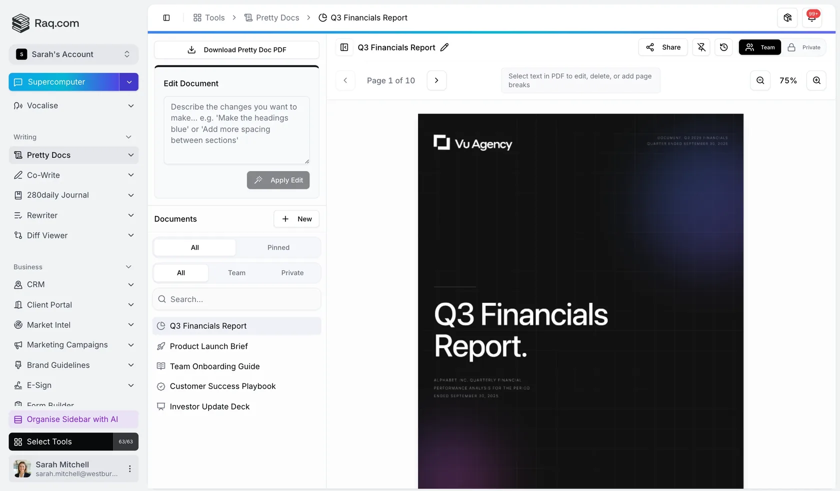 Raq.com Pretty Docs editing a financial report by instruction and exporting a designed PDF