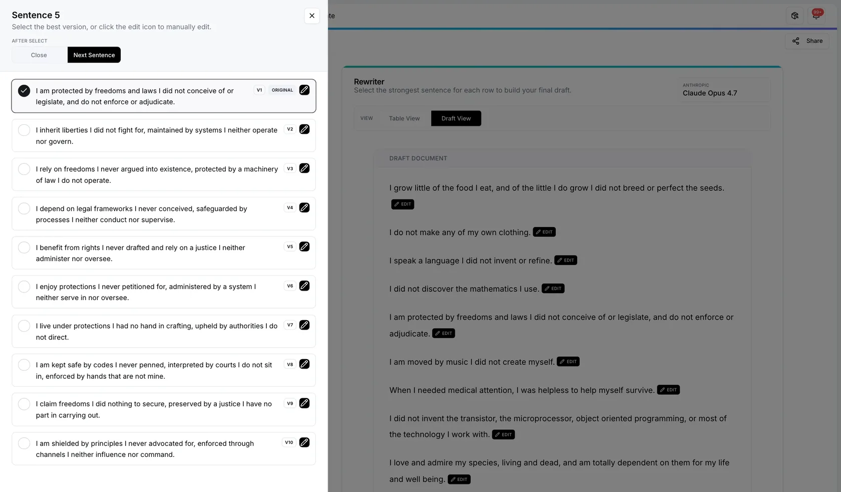 Raq.com Rewriter offering candidate rewrites for each sentence of a draft
